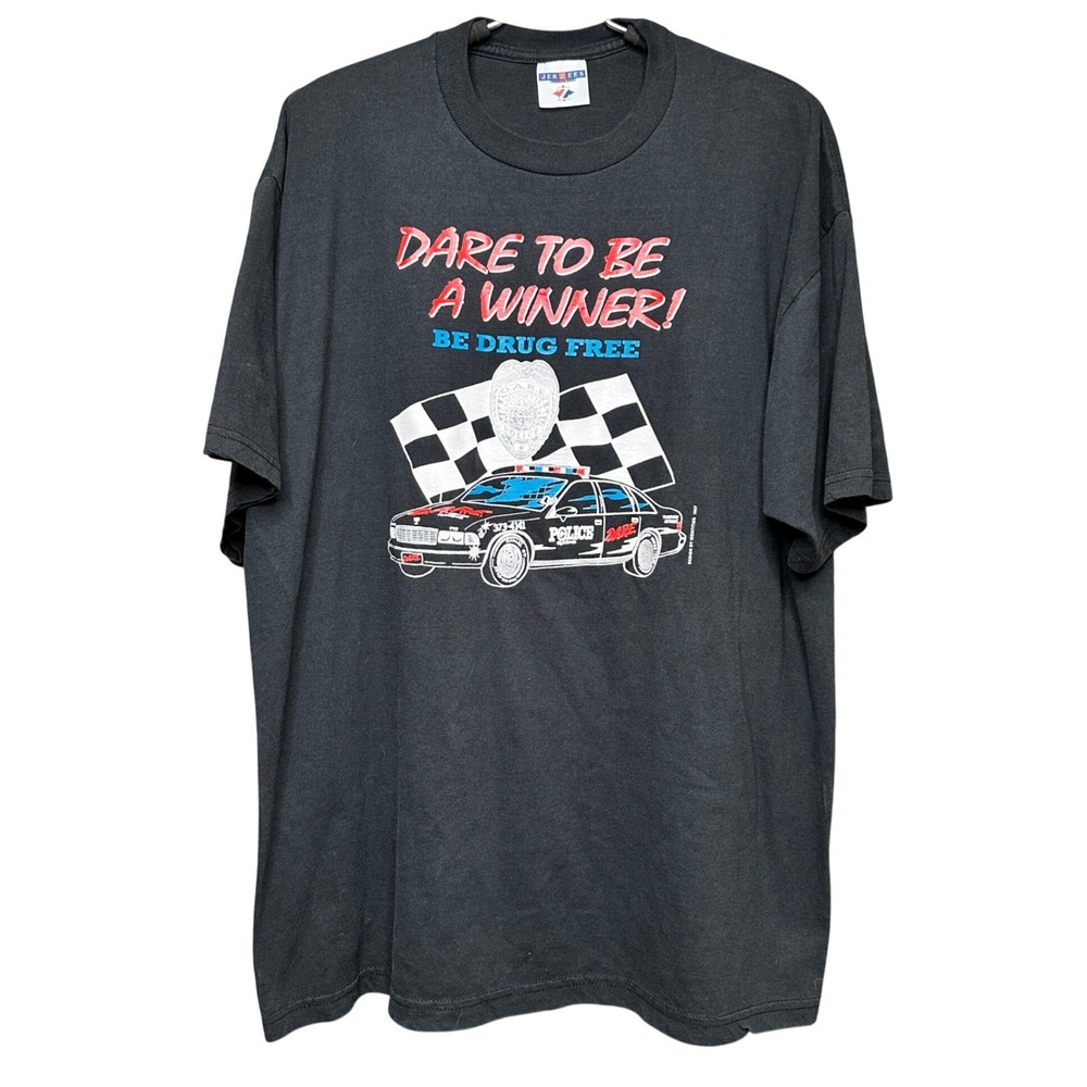 Vintage 1997 DARE Marietta Police Drug Free Jerzees T-Shirt Black XL 90s Graphic